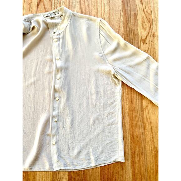 AllSaints Ando‎ Silk Button Up Blouse Long Sleeve Gray Silver Minimalist Size 4 - Picture 6 of 6